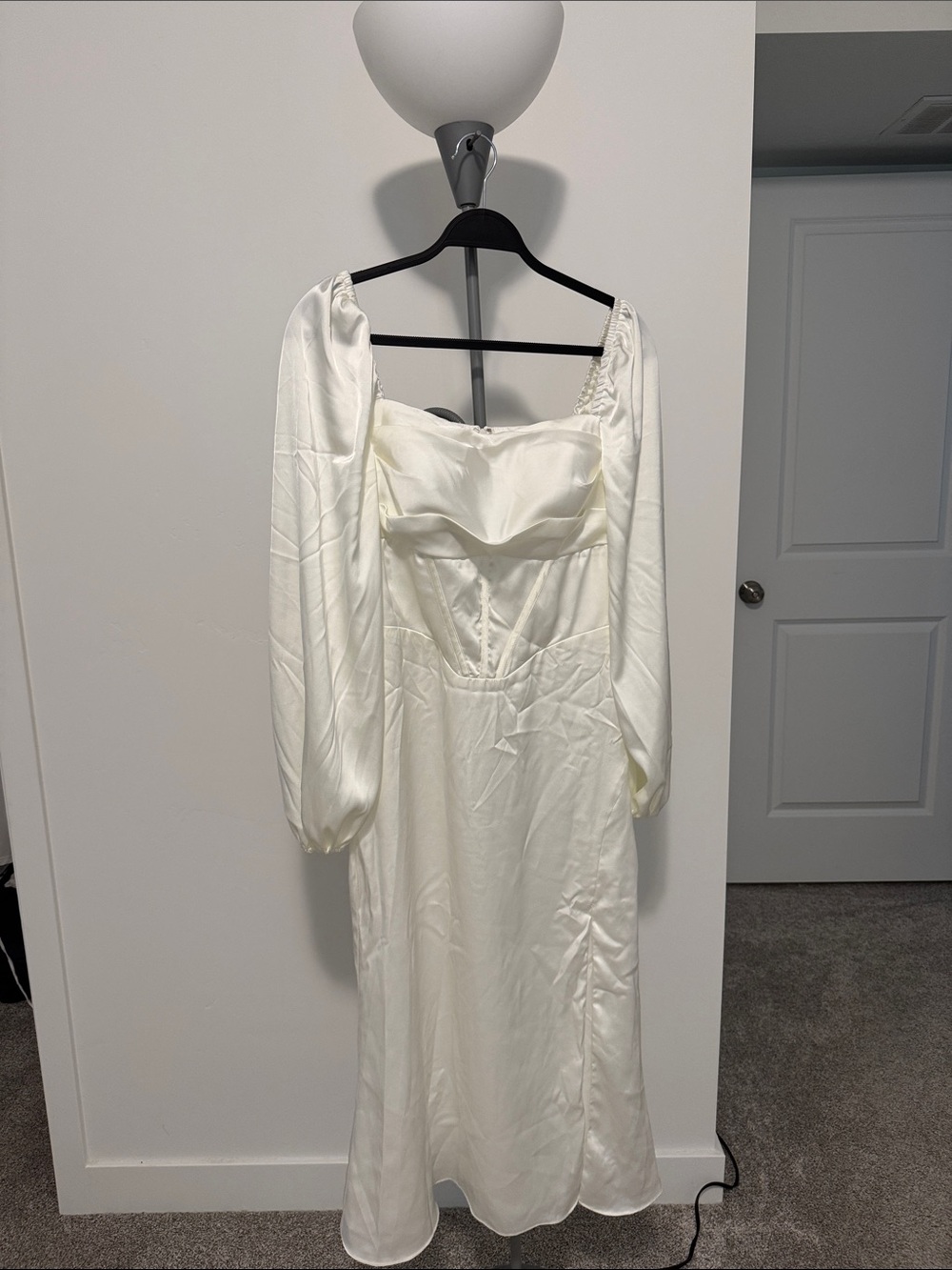 AW Bridal - NWOT Long Sleeve Ivory Satin Corset-Detail Midi Dress- size 8